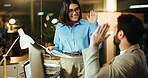 Happy, business people or night with high five for statistics, winning or project success in office. Businessman, woman or team with smile, documents or graph for analytics, target or late deadline