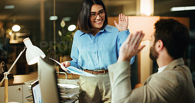 Buy stock photo Happy, business people or night with high five for statistics, winning or project success in office. Businessman, woman or team with smile, documents or graph for celebration, target or done deadline