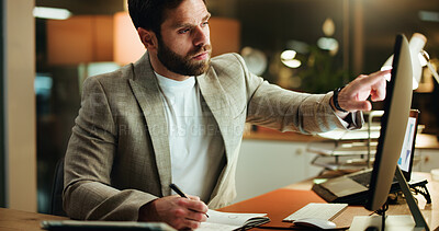 Buy stock photo Writing, computer and businessman in office at night with research for finance report with deadline. Technology, reading and male financial manager with investment proposal for overtime in workplace.