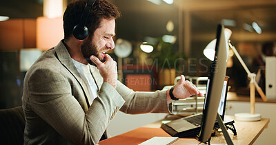 Buy stock photo Night, video call and business man in office for virtual meeting, discussion and webinar. Computer, corporate conference and person with headphones for online seminar, b2b networking or communication