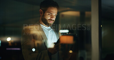 Buy stock photo Night, serious and tablet with business man in office for online planning, research or schedule. App, development and glass with employee in corporate workplace for agenda or review of information