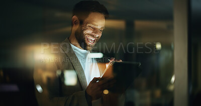 Buy stock photo Night, success and man in office with tablet, trading achievement and results in portfolio growth. Smile, overtime and investor in firm with tech, investment profit or breakthrough in stock market.
