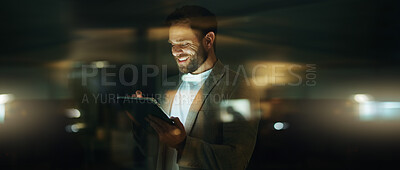 Buy stock photo Night, smile and tablet with business man in office for development, research or schedule. App, glass and online planning with happy employee in professional workplace for agenda, report or review