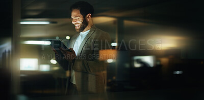Buy stock photo Night, smile and businessman in office with tablet for notes, review and online report. Glass, reflection and person in workplace with overtime, digital technology and planning for project management