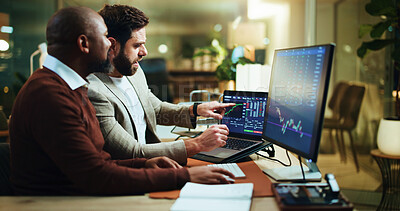 Buy stock photo Teamwork, stock market and laptop screen with business people in office for trading, night and graph. Broker, partnership and investment chart with employees for account growth and overtime