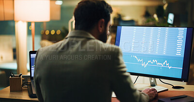 Buy stock photo Chart, back or business man with computer screen for stock market analysis, finance or data at night. Monitor, deadline and broker in office for trading, investment forecast and reading metrics