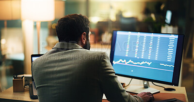 Buy stock photo Graphs, back and business man with computer screen for stock market analysis, finance data and night. Monitor, deadline and broker in office for trading, investment growth and risk assessment