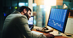 Research, stock market and computer screen with business man in office for trading, night and graph. Broker, planning and investment chart with employee for account growth, data and overtime