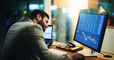 Buy stock photo Research, stock market and computer screen with business man in office for trading, night and graph. Broker, planning and investment chart with employee for account growth, data and overtime