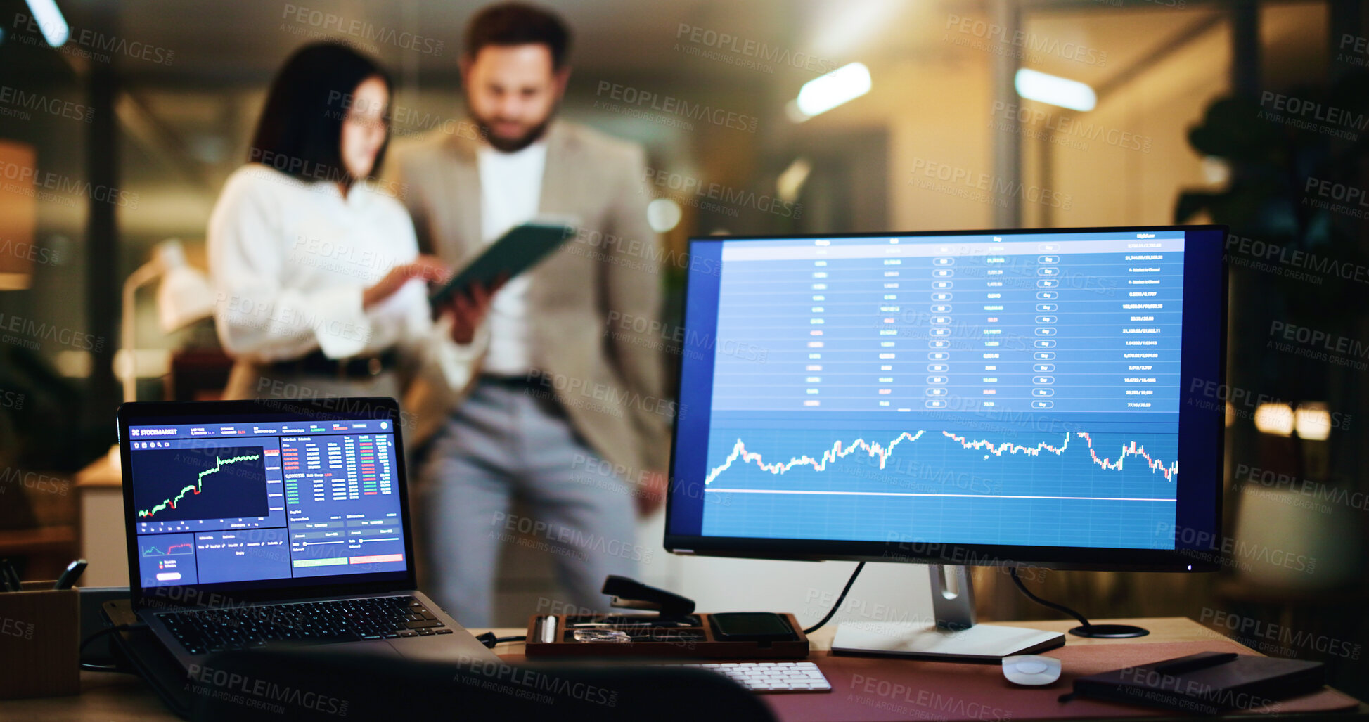 Buy stock photo Business people, night and computer screen with stock market team for virtual exchange in office. Businessman, woman or broker with technology display, graph or chart for data, statistics or trading