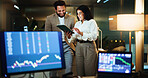 Happy, business people and night with tablet or stock market team for virtual exchange in office. Businessman, woman or broker with technology display, graph or chart for data, statistics or trading