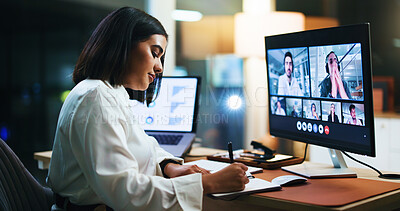 Buy stock photo Video call, computer screen and notebook with business woman in office for night, webinar agenda and contact. Online meeting, virtual conference and writing with person for overtime and chat