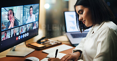 Buy stock photo Online meeting, computer screen and writing with business woman in office for night, webinar agenda and contact. Video call, virtual conference and streaming seminar with person for overtime and chat