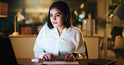 Buy stock photo Business woman, computer and night at workplace, financial portfolio update or trader info online with typing. Trading, finance broker or tech for investment report, stock market research or deadline