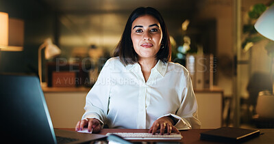 Buy stock photo Business, woman or portrait with laptop at night for finance news, monitor global market or search. Financial advisor, POV or tech in office for portfolio deadline and international client investment