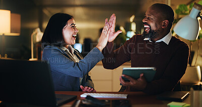 Buy stock photo High five, team and smile with business people in office with night, feedback and goal. Tablet, celebration and congratulations with employee for work goals, collaboration or partnership with tech