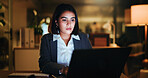 Business woman, laptop and night in office for reading, financial portfolio update or trader info online. Trading, finance and broker by pc for investment report, stock market research and deadline