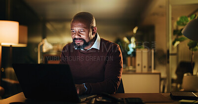 Buy stock photo Laptop, research and planning with business black man in office for night, account manager and reading. Budget report, audit deadline and tax update with person in agency for review and overtime
