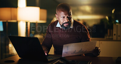 Buy stock photo Night, finance data or businessman in office for budget analysis, research or investment reporting. Graphs, market value or African consultant in workplace late for review, planning or forecasting 