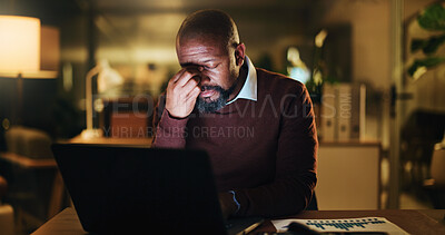 Buy stock photo Business, night and black man with headache, laptop or financial agency with stress, burnout or fatigue. Evening, mature person or pc in office, migraine or overwhelmed with pain, tired and exhausted