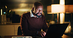 Laptop, research and reading with business black man in office for night, account manager and planning. Budget report, audit deadline and tax update with person in agency for review and overtime