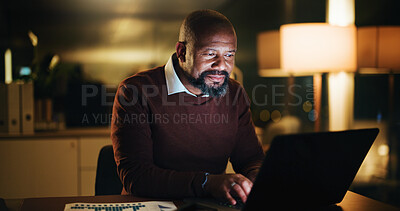 Buy stock photo Laptop, research and reading with business black man in office for night, account manager or planning. Budget report, audit deadline and tax update with mature person in agency for review or overtime