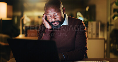 Buy stock photo Business, night and black man with headache, tired or financial agency with stress, error or fatigue. Evening, mature person and pc in office, migraine or overwhelmed with stock market crash and pain