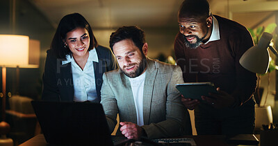 Buy stock photo Night, laptop and business people in office, conversation and review meeting with financial agency. Evening, men and woman in workplace, computer or cooperation with advice or digital app for trading