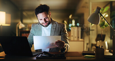 Buy stock photo Laptop, reading and documents with business man in office for night, account graph and research. Budget report, audit deadline and paperwork with person in agency for review, chart and overtime