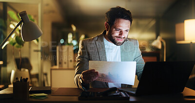 Buy stock photo Laptop, planning and documents with business man in office for night, account graph and reading. Budget report, audit deadline and paperwork with person in agency for review, chart and overtime