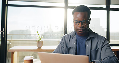 Buy stock photo Coffee shop, freelance and black man on laptop for working on online report, article and research. Creative, remote worker and person on computer for copywriting, editing news and website in cafe