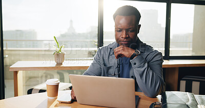 Buy stock photo Laptop, research and businessman in office for creative project at startup company. Technology, email and African male magazine editor with computer for online article with publishing in workplace.