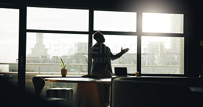 Buy stock photo Phone, call and man in office with conversation, idea planning or discussion for project update. Technology, communication or person in contact with client for business progress, chat or negotiation.