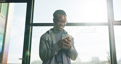 Buy stock photo Scroll, happy and man in office with phone, social media post and text message notification. Reading, smile or black person in workplace with tech, online search or business communication on internet