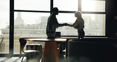 Buy stock photo People, shaking hands and smile in office for welcome, introduction and financial opportunity agreement. Business woman, man and handshake in firm with tech, thank you and closing deal for investment