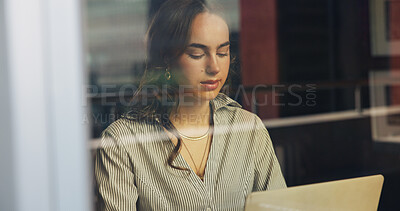 Buy stock photo Window, laptop and woman in coffee shop for working on online report, article and research. Creative freelancer, remote worker and person on computer for copywriting, editing review and news website