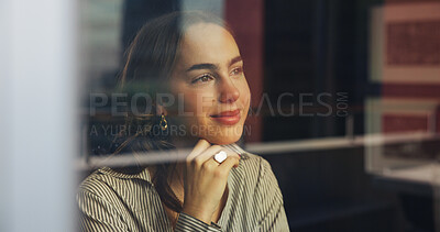 Buy stock photo Thinking, window and businesswoman in office with ideas, memory or decision for corporate career. Smile, reflection and professional female employee with choice for job development in workplace.
