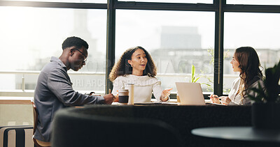 Buy stock photo Meeting, brainstorming or people in office with strategy, plan or business growth ideas in startup. Discussion, collaboration and team update in workplace with investment opportunity and development