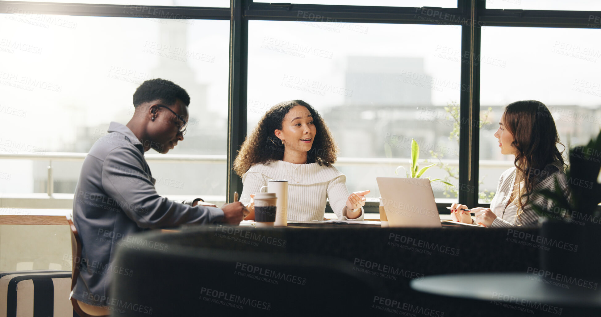 Buy stock photo Meeting, brainstorming or people in office with strategy, plan or business growth ideas in startup. Discussion, collaboration and team update in workplace with investment opportunity and development