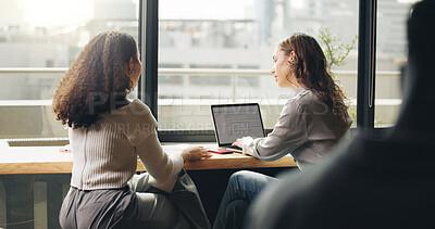 Buy stock photo Collaboration, laptop screen and window with business women in office for planning from back. Computer, conversation and project management with employee people in workplace together for strategy