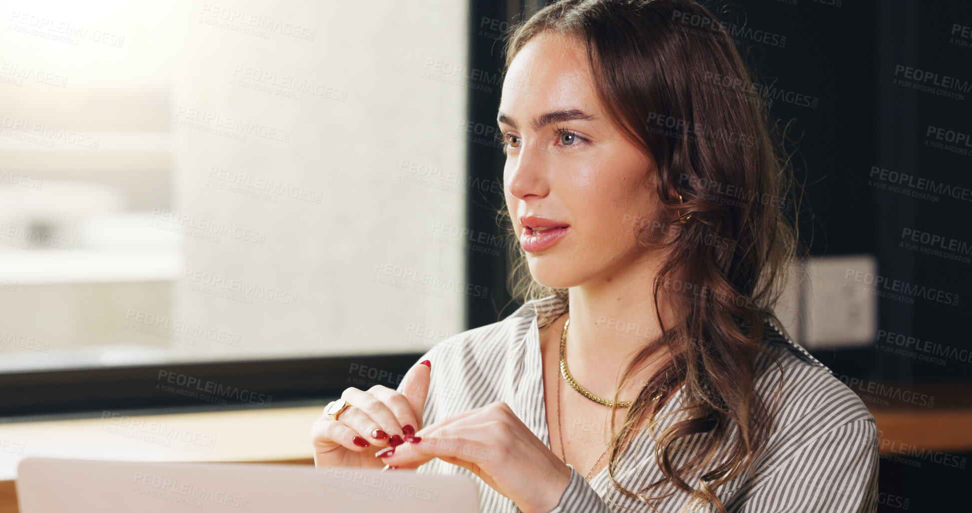 Buy stock photo Thinking, woman or laptop with research in office for news headline, story angle ideas or strategy. Space, journalist or tech with reflection for press release, publication insight or planning column