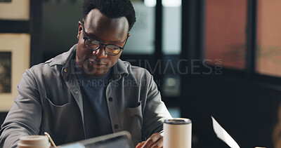Buy stock photo Coffee shop, freelance and black man on tech for working on online report, article and research. Creative, remote worker and person on computer for copywriting, editing news and website in cafe
