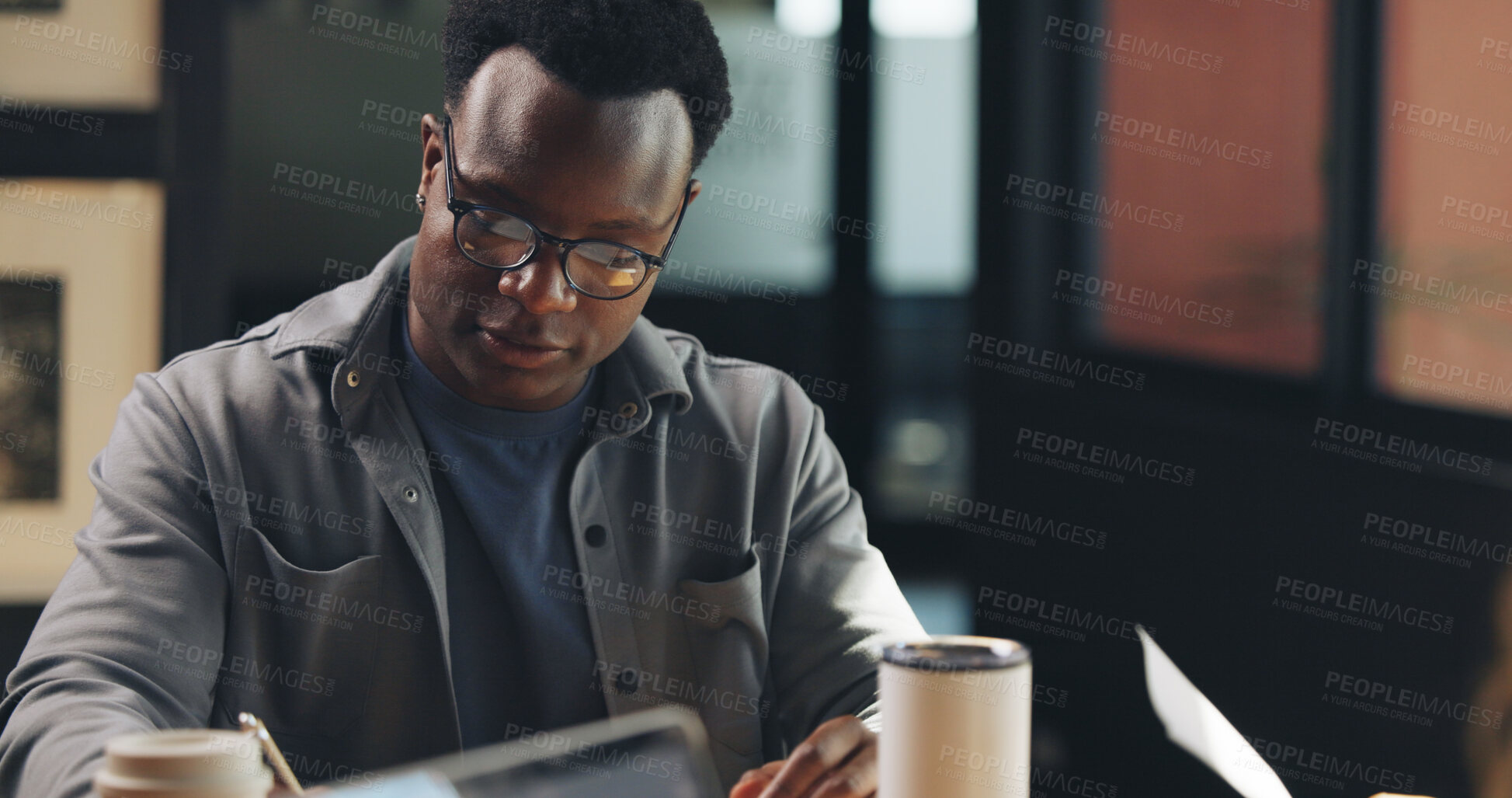 Buy stock photo Coffee shop, freelance and black man on tech for working on online report, article and research. Creative, remote worker and person on computer for copywriting, editing news and website in cafe