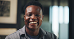 Portrait, employee and man with smile in office, reporter and happy for career development or media. Ambitious, journalist and black person with positive attitude for opportunity, creative and space