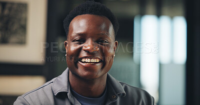 Buy stock photo Portrait, employee and man with smile in office, reporter and happy for career development or media. Ambitious, journalist and black person with positive attitude for opportunity, creative and space