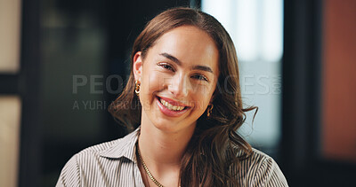 Buy stock photo Portrait, employee and woman with smile,  office or journalist with career development and creative. Ambitious, reporter and person with positive attitude for opportunity, media and newsroom in USA