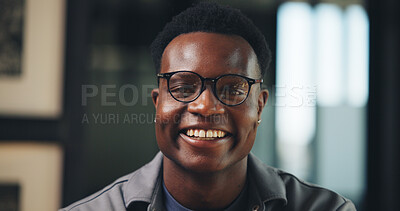 Buy stock photo Portrait, employee and man with glasses in office, journalist and happy for career growth and media. Ambitious, reporter and black person with positive attitude for opportunity, creative and space