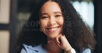 Buy stock photo Happy, portrait and woman with ambition, office and journalist with career development and creative. Confident, reporter and African person with positive attitude for opportunity, media and newsroom