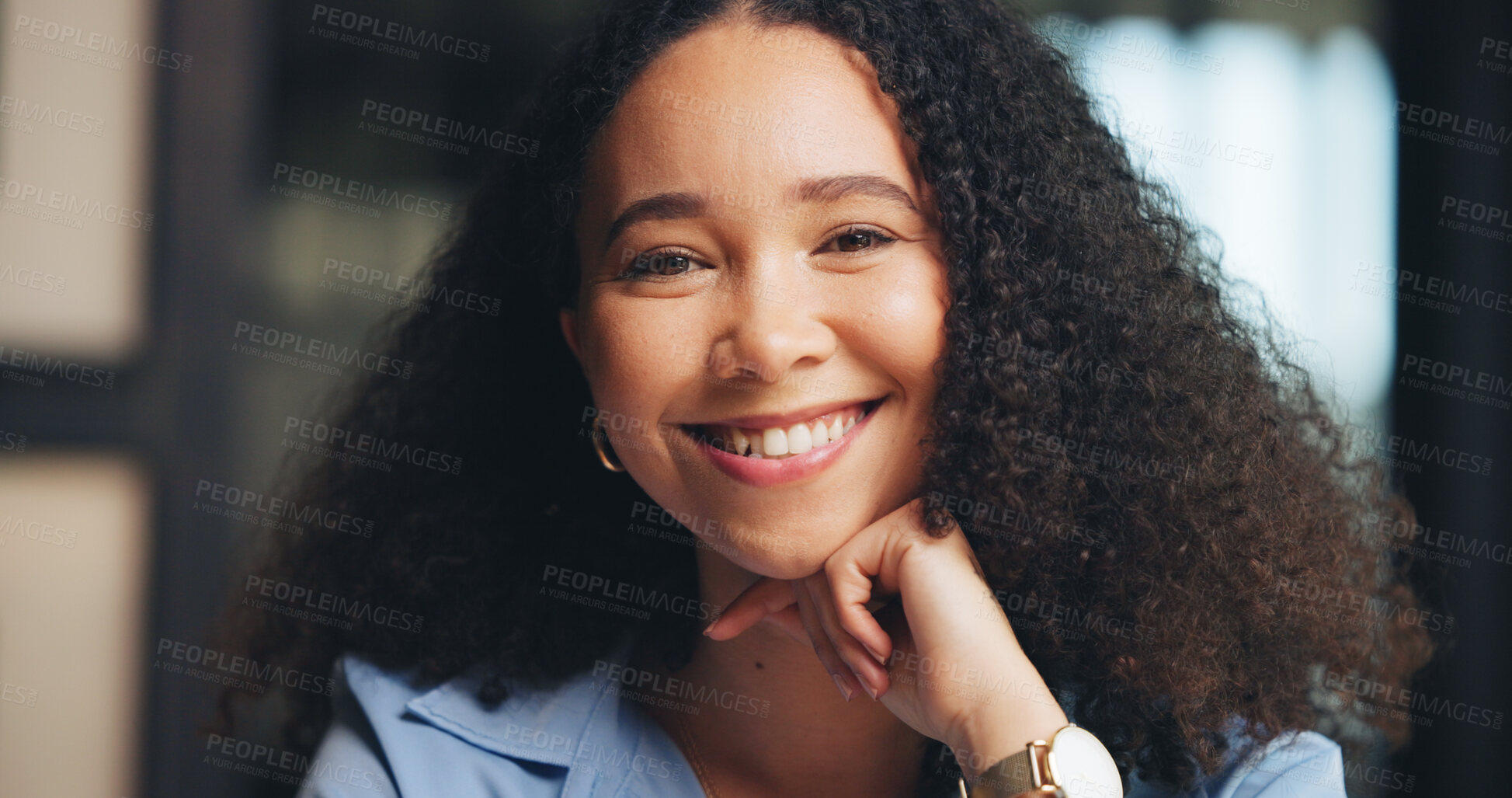 Buy stock photo Happy, portrait and woman with ambition, office and journalist with career development and creative. Confident, reporter and African person with positive attitude for opportunity, media and newsroom
