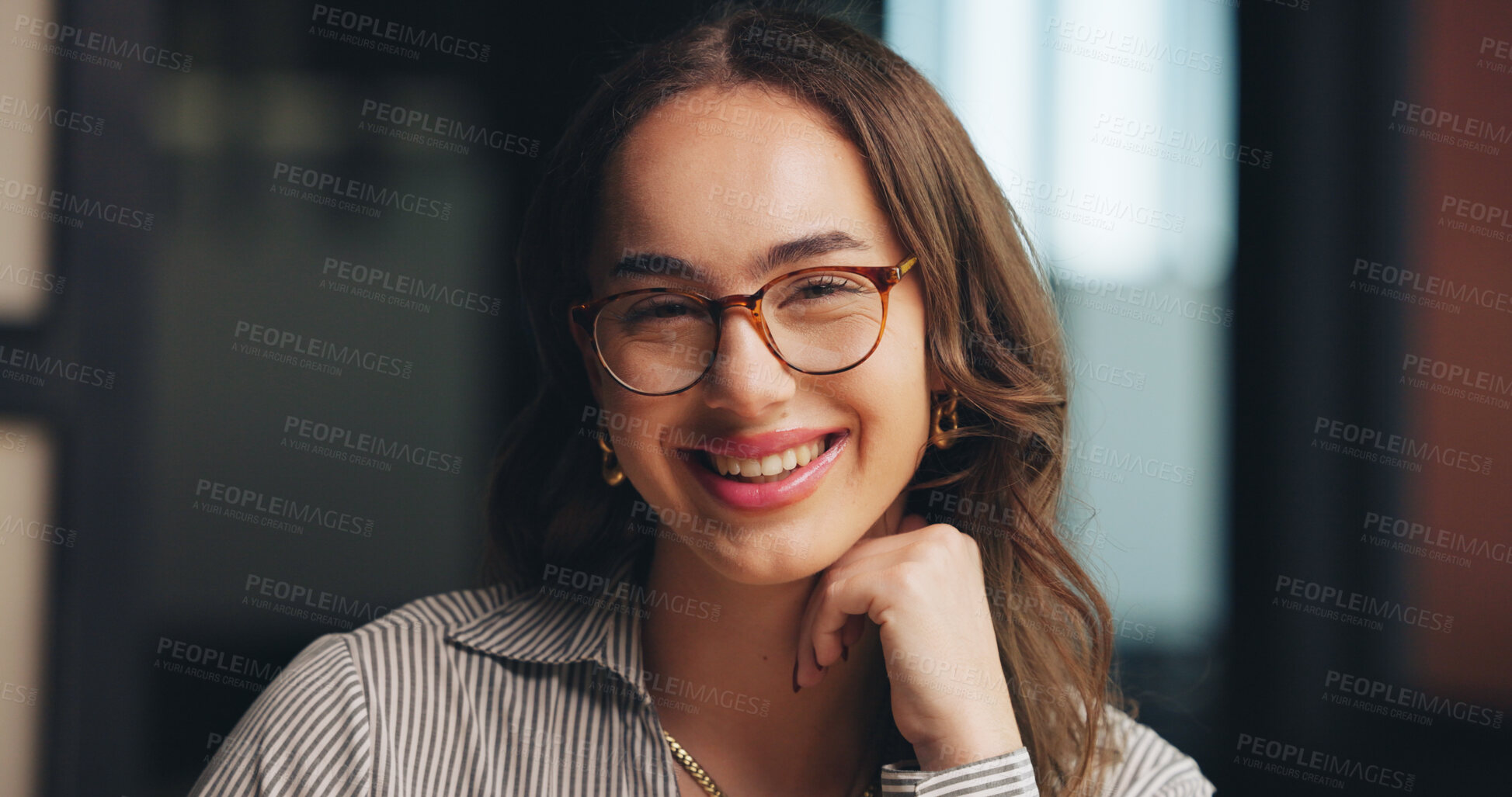 Buy stock photo Portrait, smile and business woman in office with confidence, pride or ambition as insurance agent. Glasses, face and happy professional in company, claims advisor and coverage consultant in UK